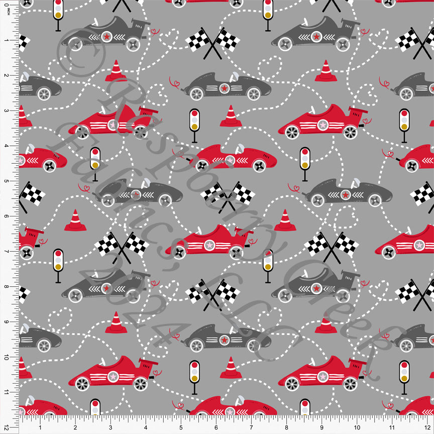 Grey Red Black and White Valentine Race Car Print Fabric, Sweet Valentines by Nice to Michiyo Design for CLUB Fabric