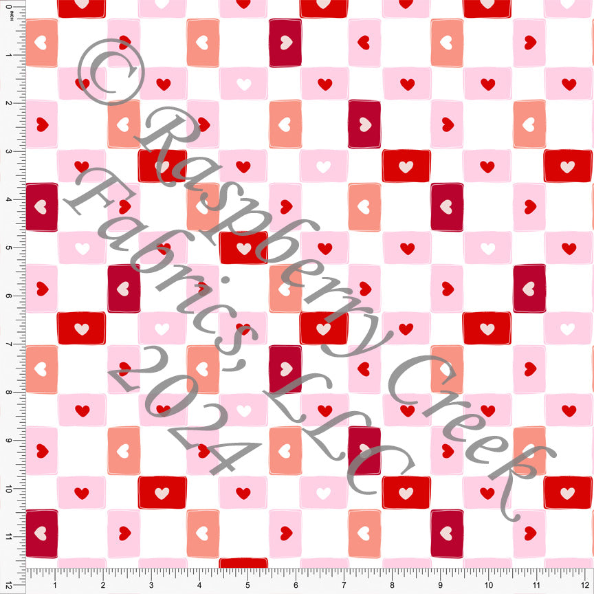 Pink Coral and Red Heart Checker Print Fabric, Sweet Valentines by Nice to Michiyo Design for CLUB Fabric