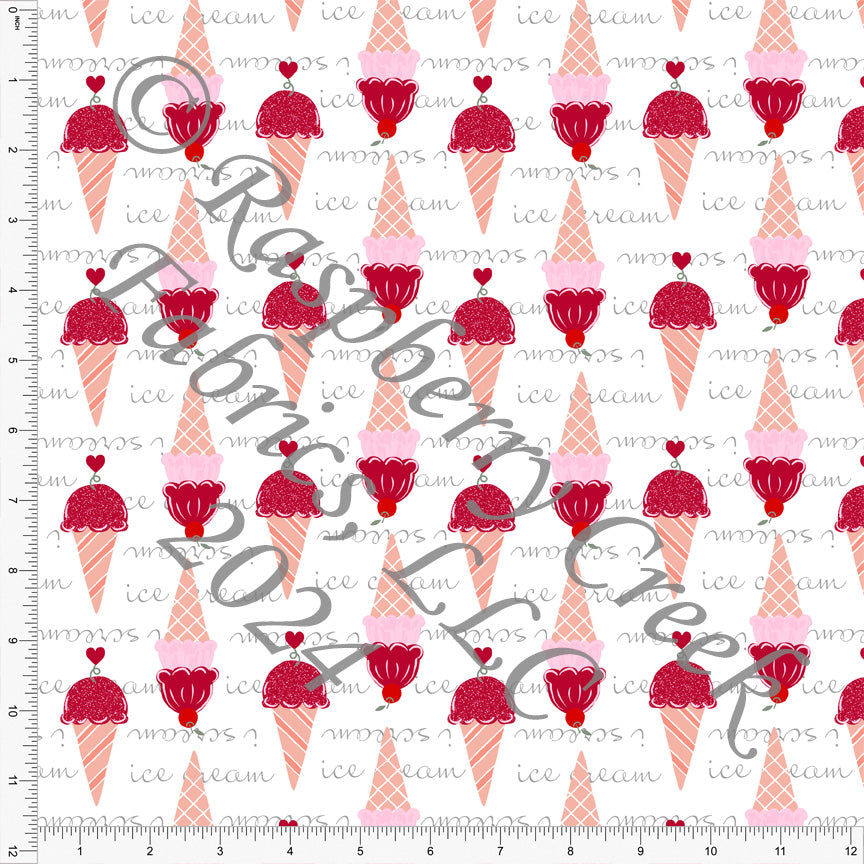 Pink Coral Grey and Red Ice Cream I Scream Print Fabric, Sweet Valentines by Nice to Michiyo Design for CLUB Fabric