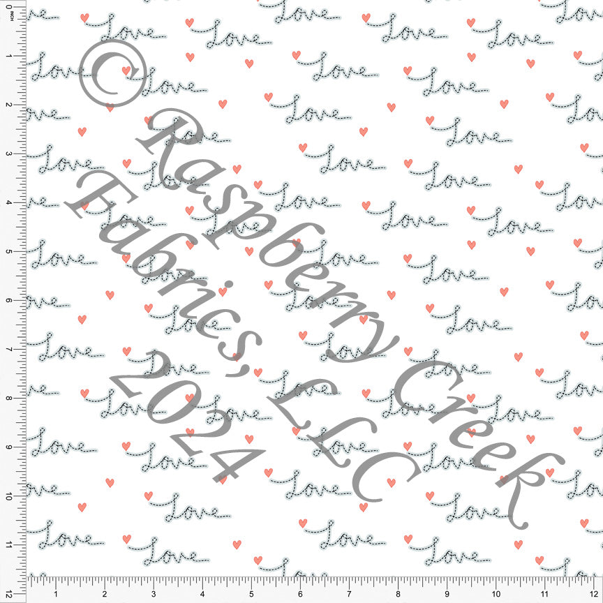 Tonal Grey and Coral Heart Stitched Love Word Stripe Print Fabric, Sweet Valentines by Nice to Michiyo Design for CLUB Fabric