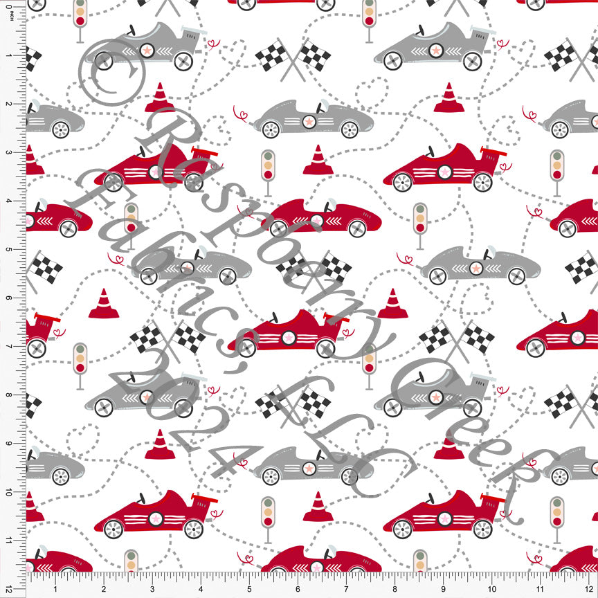 Grey Red and Black Valentine Race Car Print Fabric, Sweet Valentines by Nice to Michiyo Design for CLUB Fabric