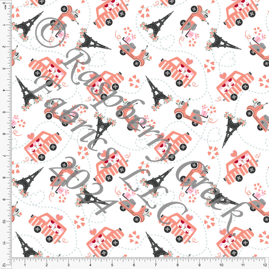 Coral Pink Grey Red and Black Valentine Food Truck Heart Floral Print Fabric, Sweet Valentines by Nice to Michiyo Design for CLUB Fabric