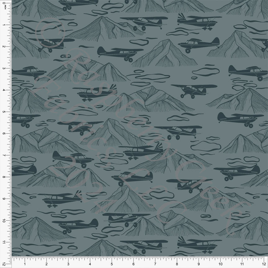 Tonal Dusty Blue Airplane Mountain Print Fabric, Take Flight by Kelsey Shaw for CLUB Fabrics