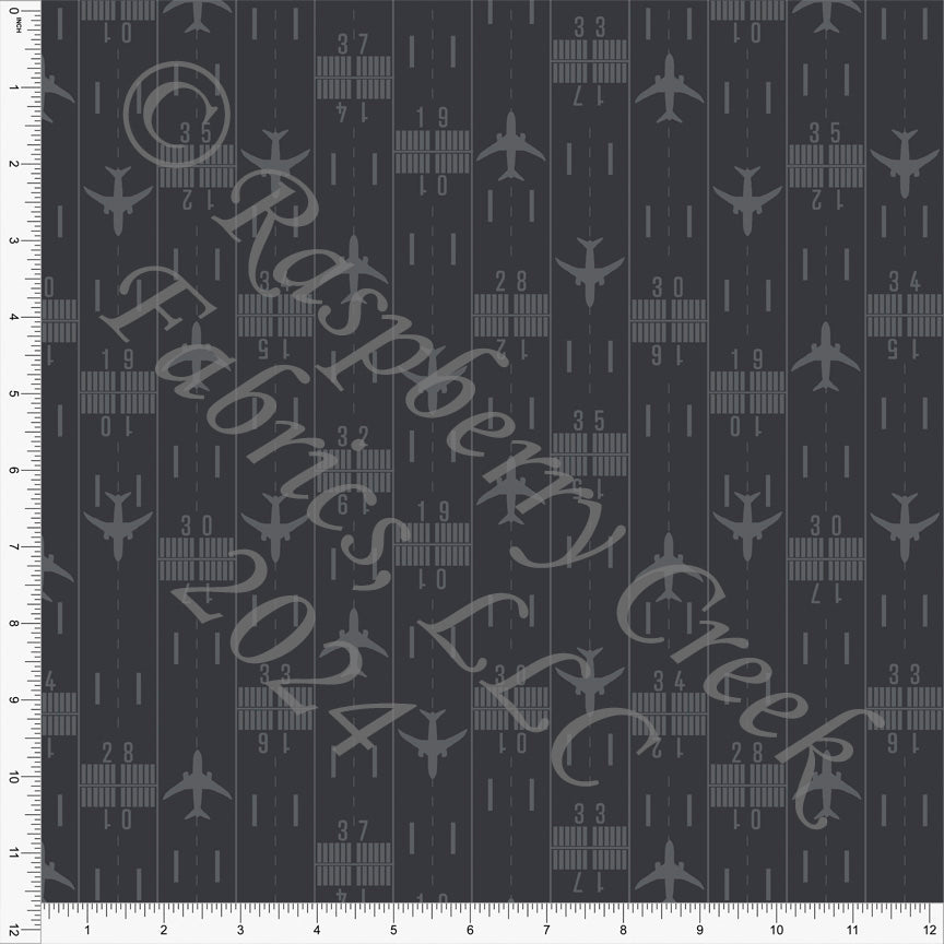 Tonal Grey Airplane Runway Print Fabric, Take Flight by Kelsey Shaw for CLUB Fabrics