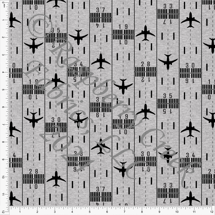 Tonal Black and Grey Airplane Runway Print on Grey Fabric, Take Flight by Kelsey Shaw for CLUB Fabrics