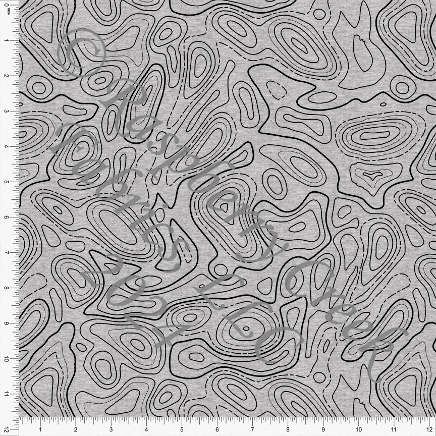 Tonal Black and Grey Topography Print on Grey Fabric, Take Flight by Kelsey Shaw for CLUB Fabrics