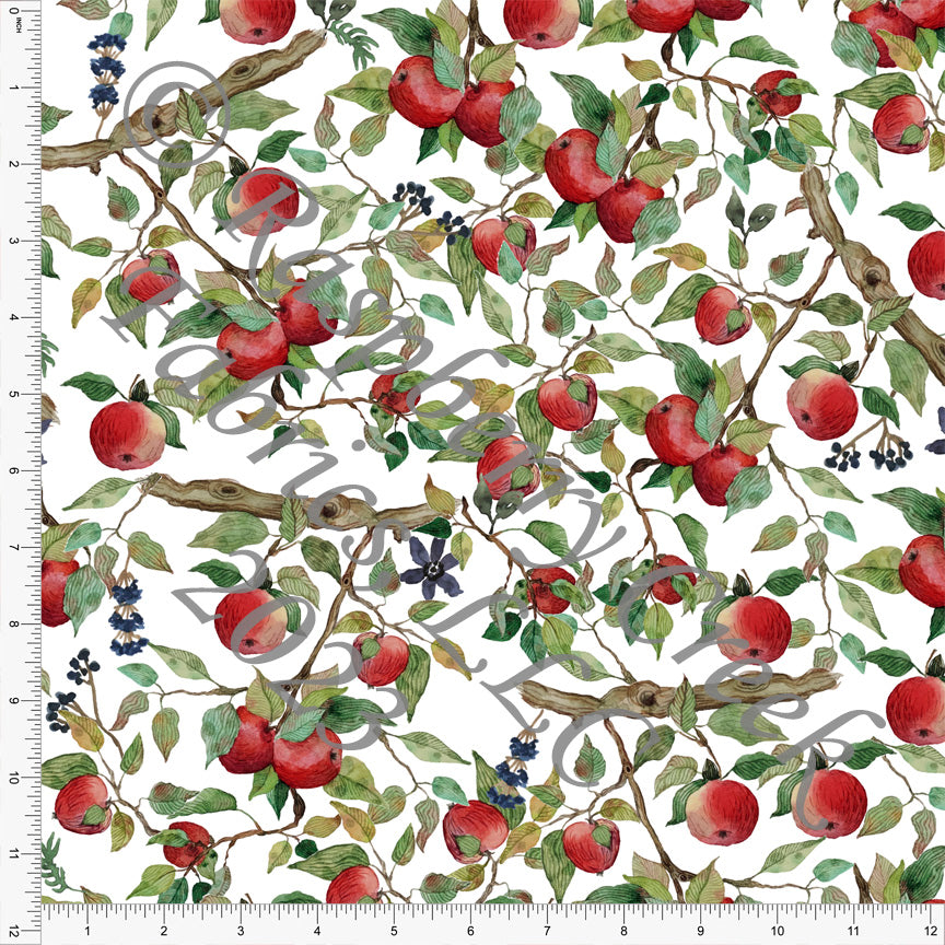 Tonal Red Burgundy Green Teal and Olive Apple Branch Print Fabric, Teachers Pet by Bri Powell for Club Fabrics