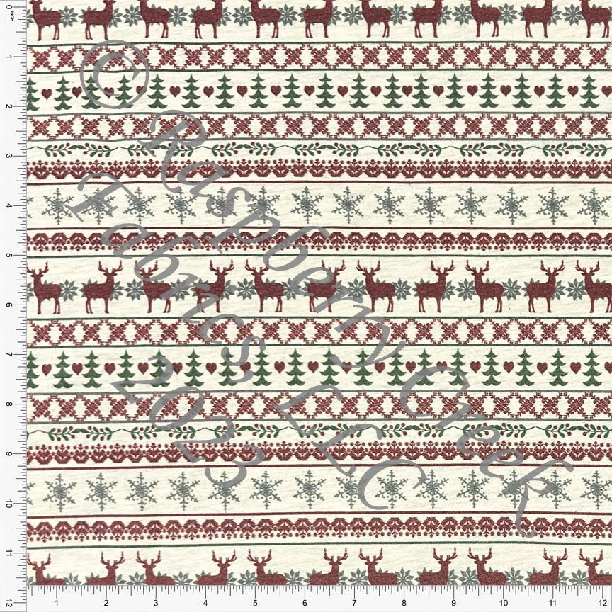 PRE-ORDER Burgundy Hunter and Grey Fair Isle Print on Oatmeal 4 Way Stretch French Terry Knit Fabric