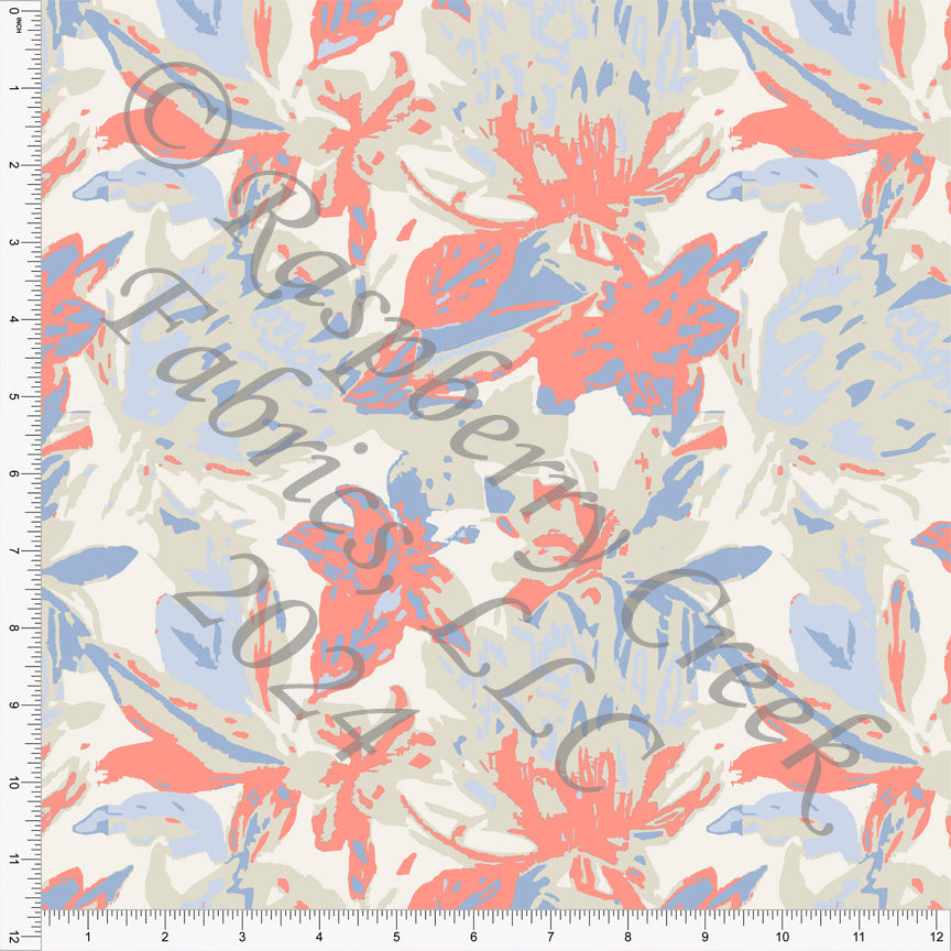 Perwinkle Coral Taupe and Cream Abstract Painted Floral Print Fabric, Trends for CLUB Fabrics