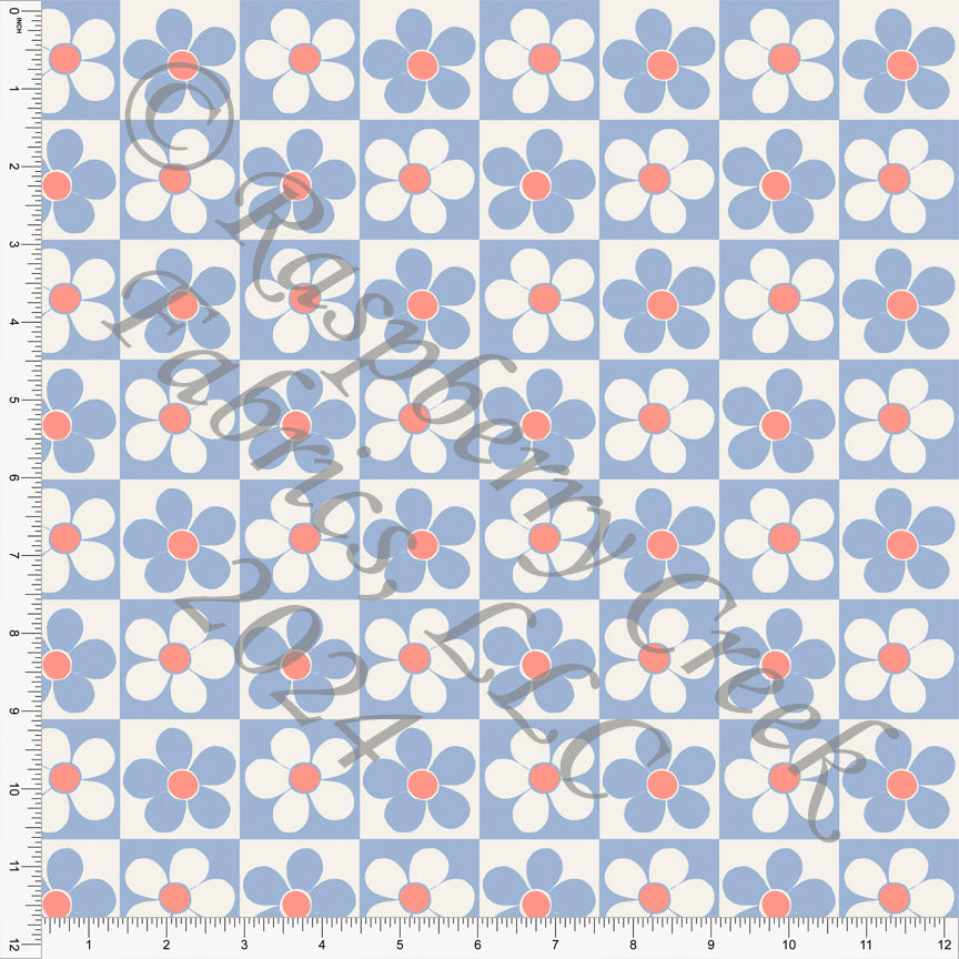 Periwinkle Coral and Cream Retro Daisy Checker Print Fabric, Trends for CLUB Fabrics