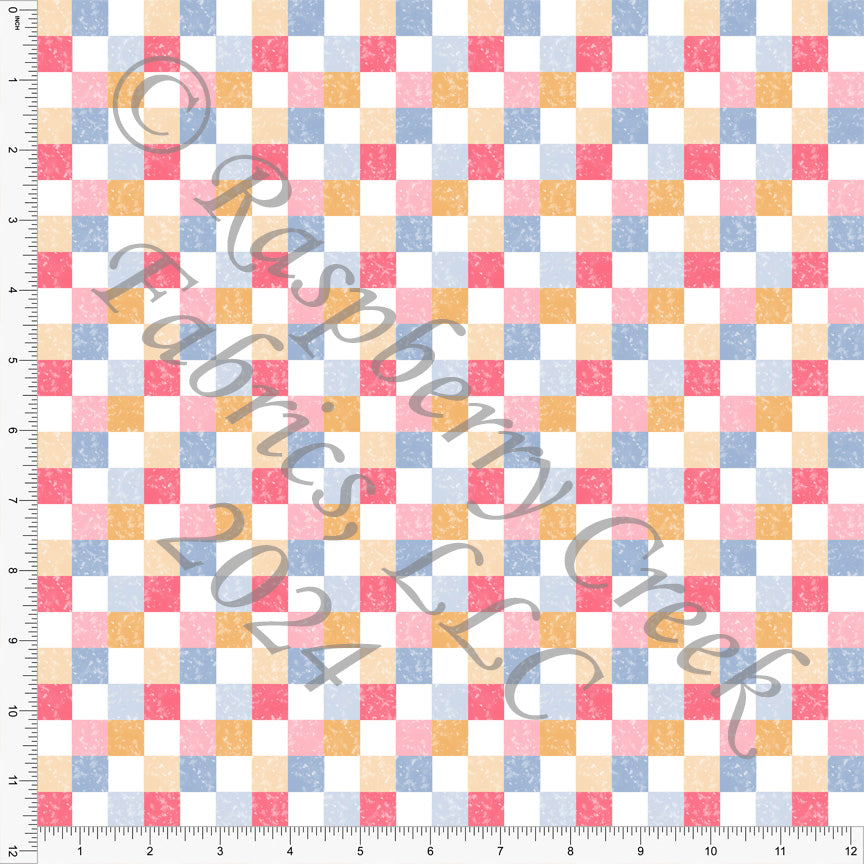 Periwinkle Tangerine and Deep Coral Grunge Multi Checker Print Fabric, Trends for CLUB Fabrics