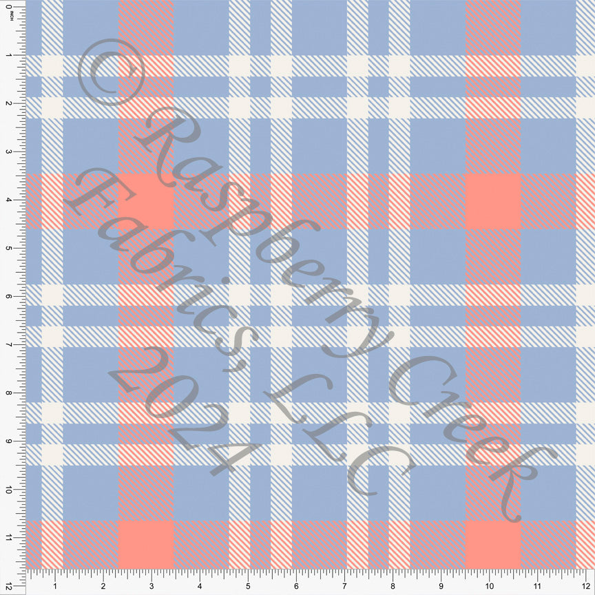 Periwinkle Coral and Cream Plaid Print Fabric, Trends for CLUB Fabrics