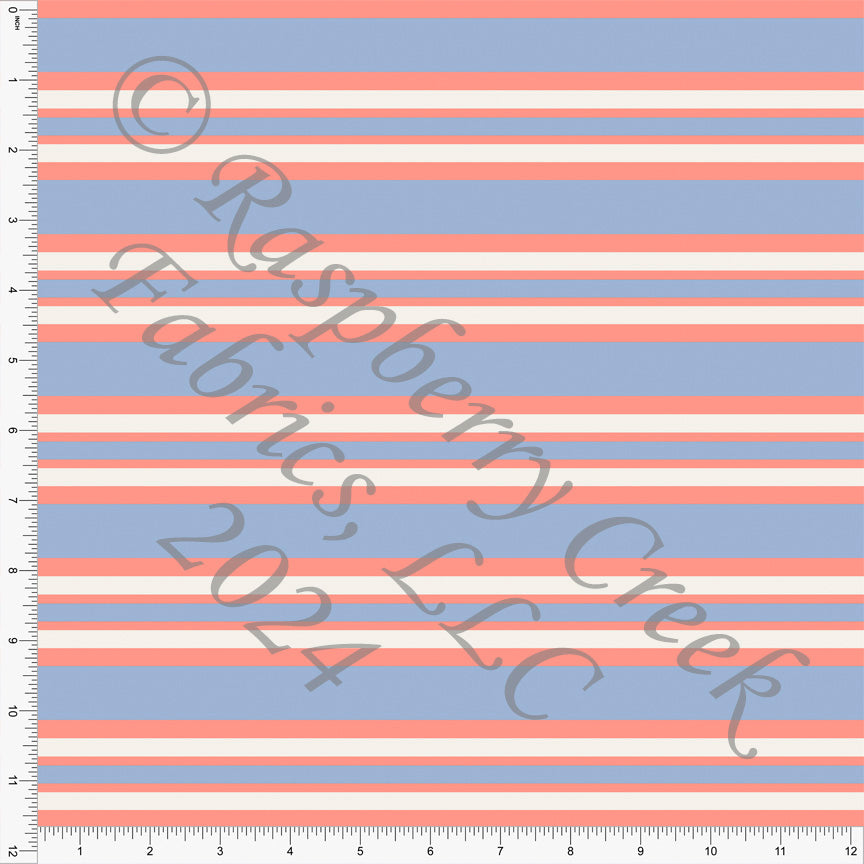 Periwinkle Coral and Cream Multi Stripe Print Fabric, Trends for CLUB Fabrics