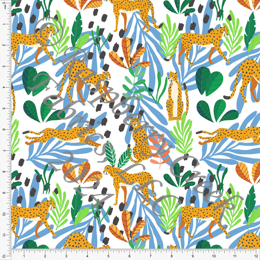 Mustard Orange Periwinkle Green and Charcoal Cheetah Print Fabric, Tropical for CLUB Fabrics