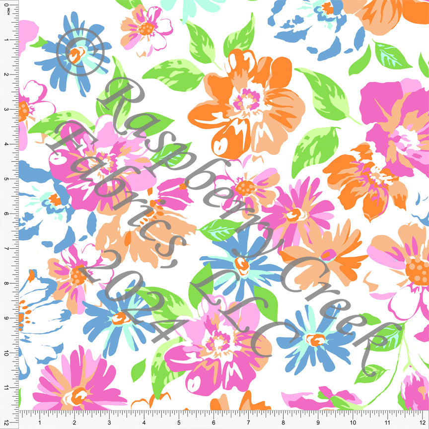 Bright Pink Orange and Bright Green Large Floral Print Fabric, Tropical for CLUB Fabrics