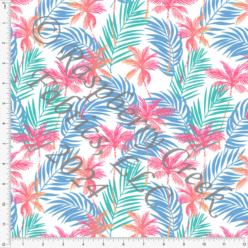 Tonal Salmon Coral Seafoam and Periwinkle Multi Palm Tropical Leaf Print Fabric, Tropical for CLUB Fabrics