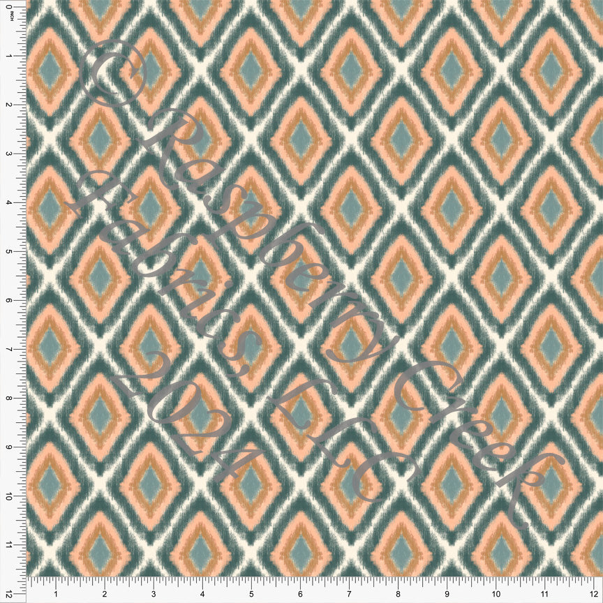 Peach Dusty Teal and Nut Brown Textured Diamond Stripe Print Fabric, Tropical Peach by Kelsey Shaw for Club Fabrics