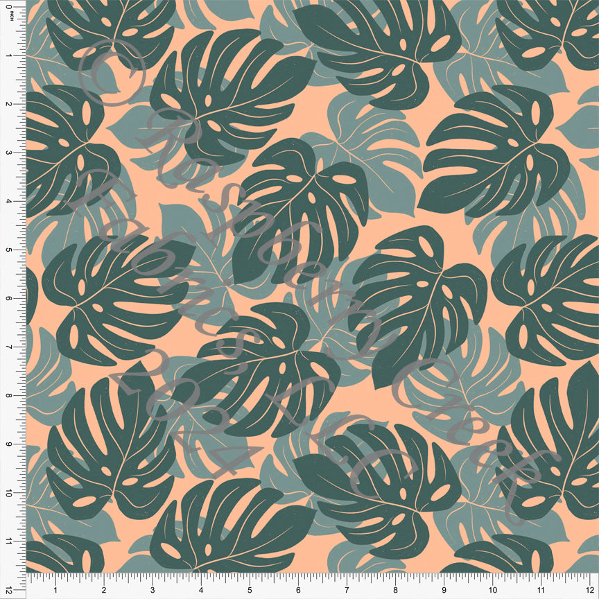 Peach and Tonal Dusty Teal Monstera Leaf Print Fabric, Tropical Peach by Kelsey Shaw for Club Fabrics