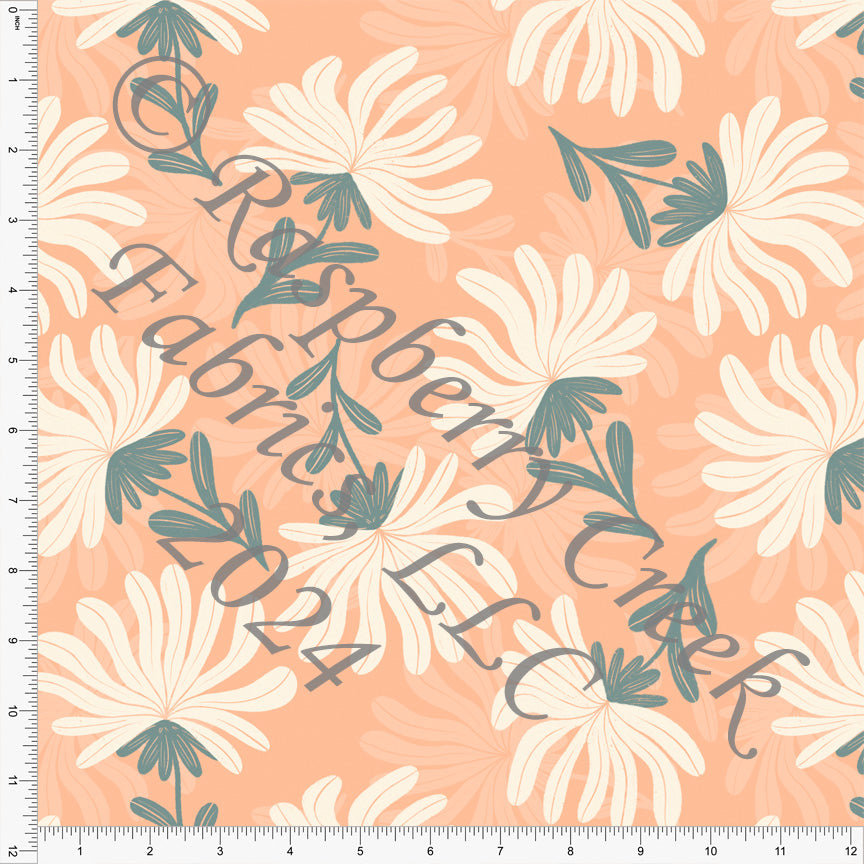 Peach Cream and Dusty Teal Floral Print Fabric, Tropical Peach by Kelsey Shaw for Club Fabrics