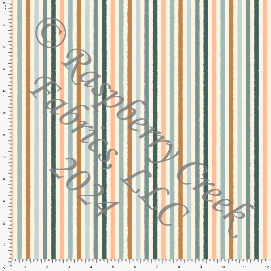 Peach Dusty Teal and Nut Brown Vertical Multi Stripe Print Fabric, Tropical Peach by Kelsey Shaw for Club Fabrics