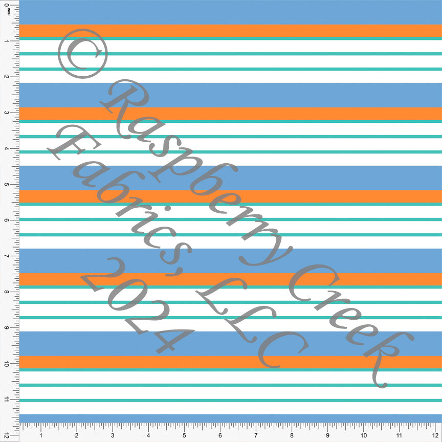 Periwinkle Seafoam and Orange Multi Stripe Print Fabric, Tropical for CLUB Fabrics