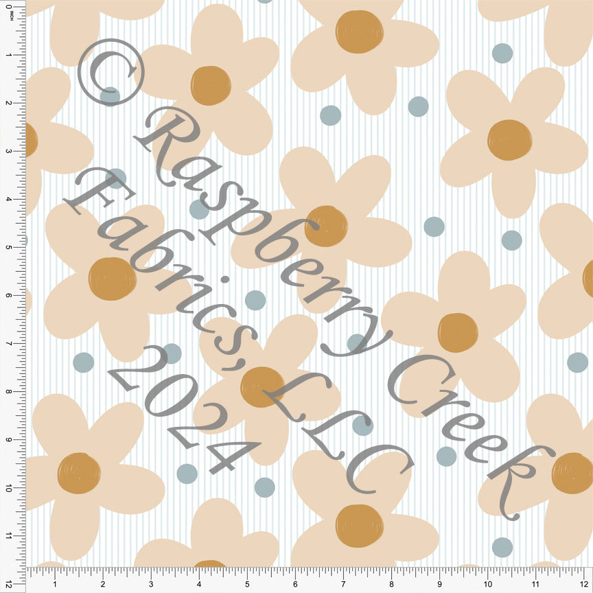 Light Bone Mustard and Steel Blue Large Daisy Dot Print Fabric, Walk in the Woods by Kelsey Shaw for CLUB Fabrics