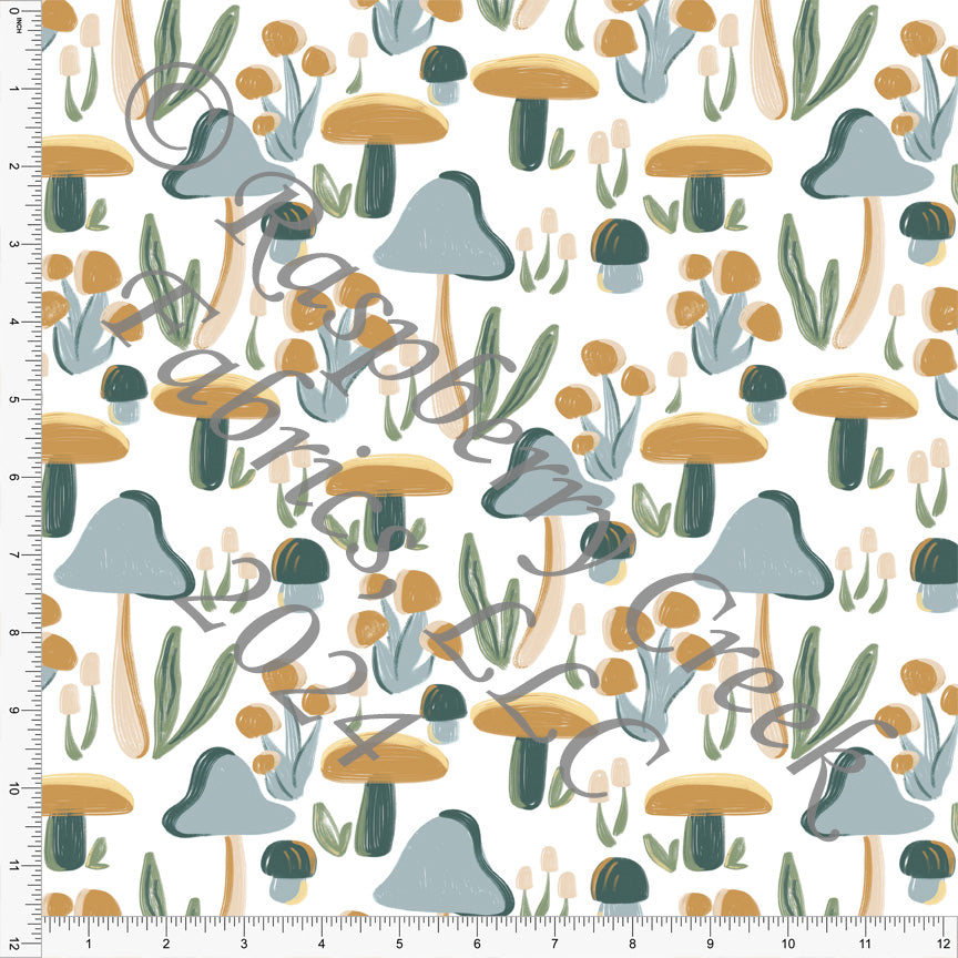 Sage Steel Blue Mustard Bone Hunter Green and White Textured Mushroom Print Fabric, Walk in the Woods by Kelsey Shaw for CLUB Fabrics