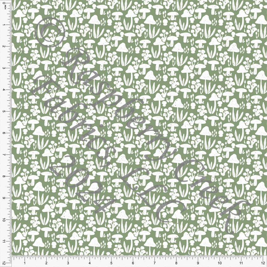 Sage and White Textured Mini Mushroom Print Fabric, Walk in the Woods by Kelsey Shaw for CLUB Fabrics