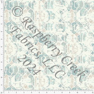 Dusty Blue Khaki Cream and Mint Weathered Geometric Print Rayon Challis, CLUB Fabrics