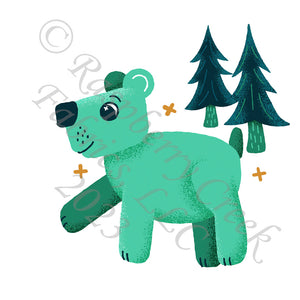 Tonal Teal Mint and Seafoam Bear Panel, Whimsical Woodland by Janelle Coury for CLUB Fabrics