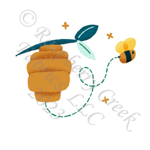 Mustard Teal and Mint Bee and Beehive Panel, Whimsical Woodland by Janelle Coury for CLUB Fabrics