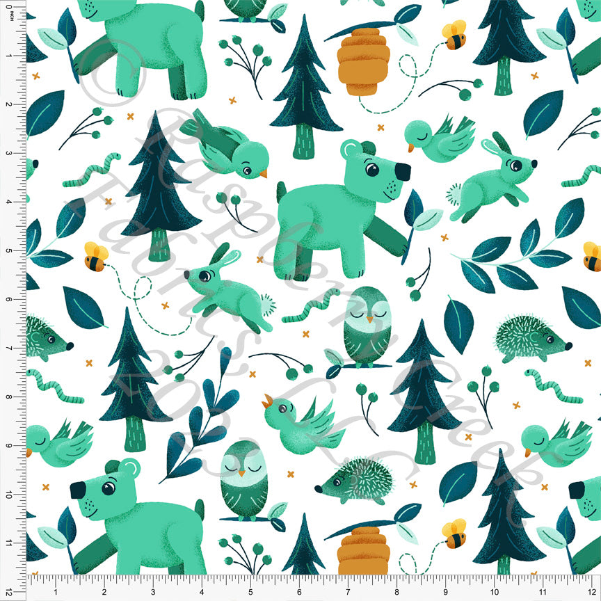 Teal Mint Seafoam and Mustard Woodland Creature Main Print Fabric, Whimsical Woodland by Janelle Coury for CLUB Fabrics