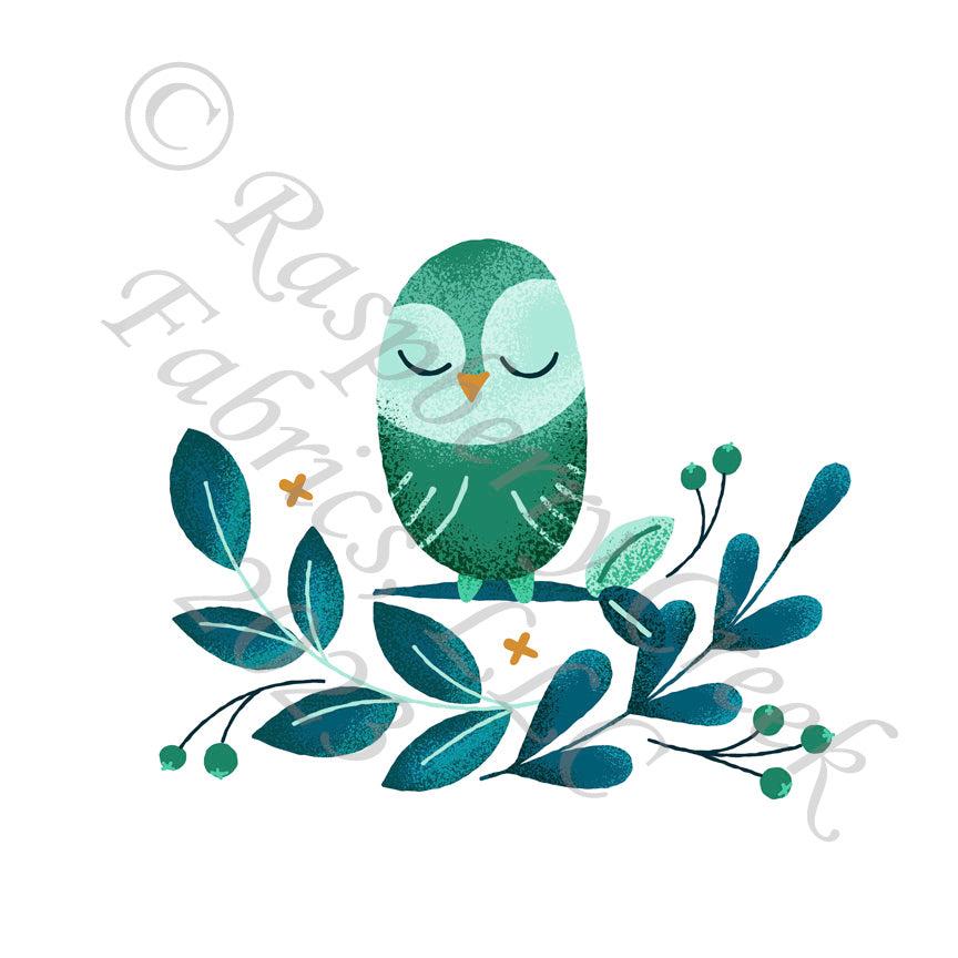 Tonal Teal Mint and Seafoam Owl Panel, Whimsical Woodland by Janelle Coury for CLUB Fabrics