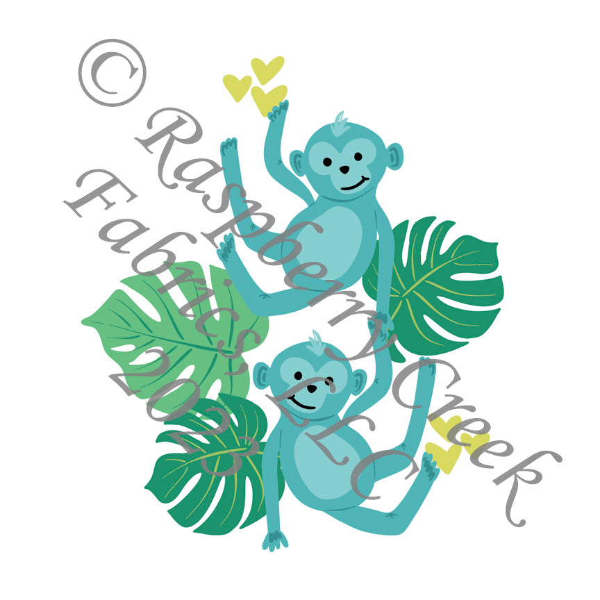 Azure Citron and Tonal Seafoam Monkey Heart Panel, Wild About You by Kelsey Shaw for CLUB Fabrics