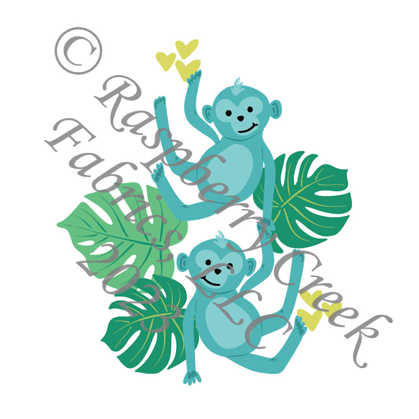 Azure Citron and Tonal Seafoam Monkey Heart Panel, Wild About You by Kelsey Shaw for CLUB Fabrics