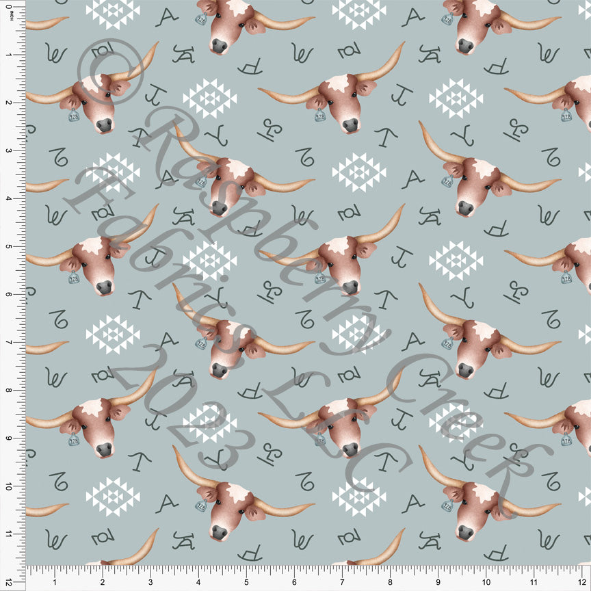 Dusty Blue Khaki and Brown Geometric Longhorn Print Fabric, Wild West ...