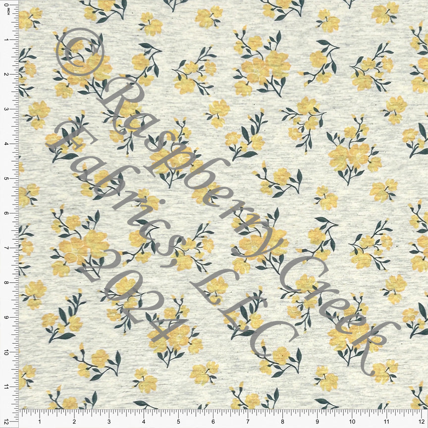 PRE-ORDER Yellow Mustard and Hunter Green Tossed Floral on Oatmeal 4 Way Stretch French Terry Knit Fabric