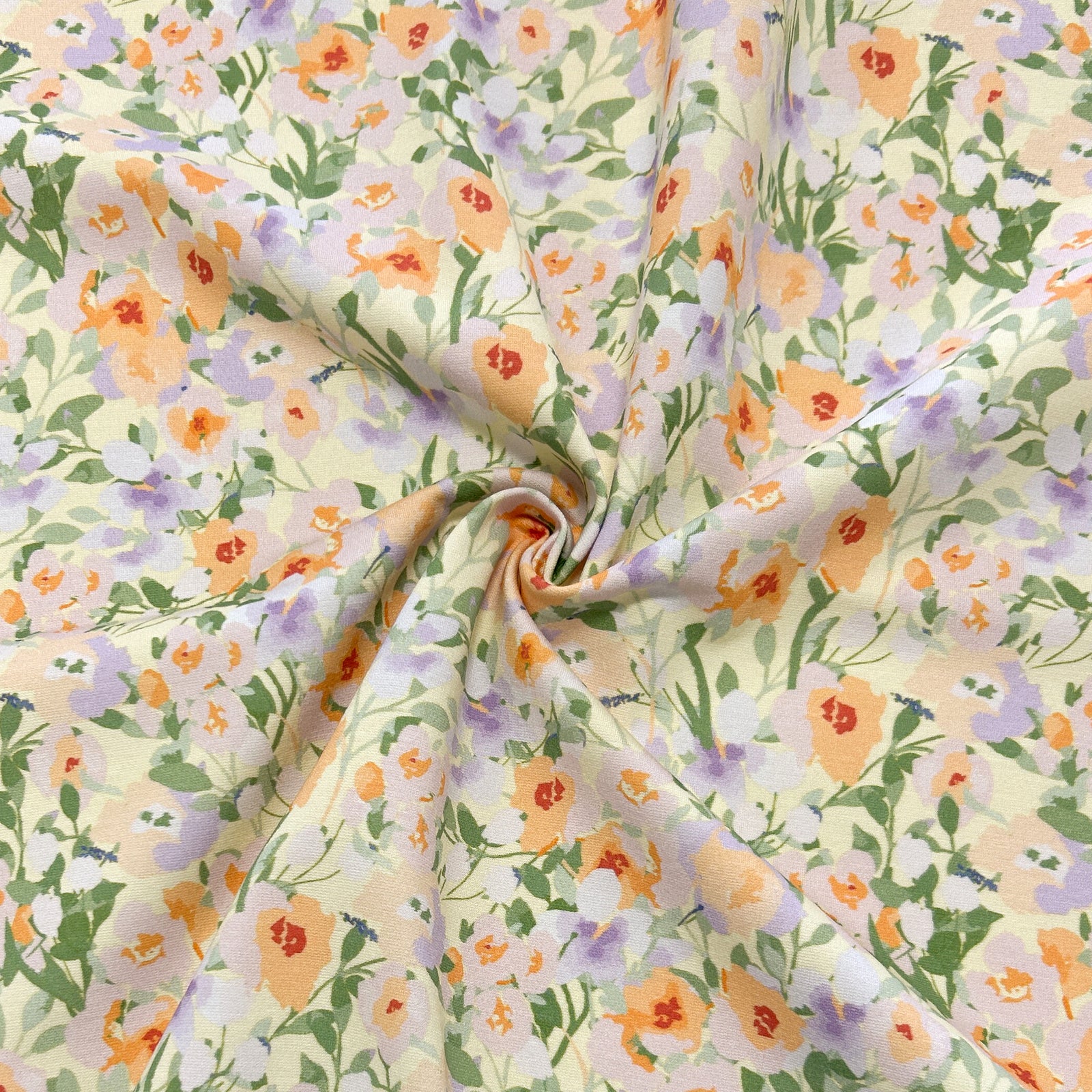 Yellow Lilac Peach and Green Floral Print Ponte De Roma Knit Fabric, CLUB Fabrics