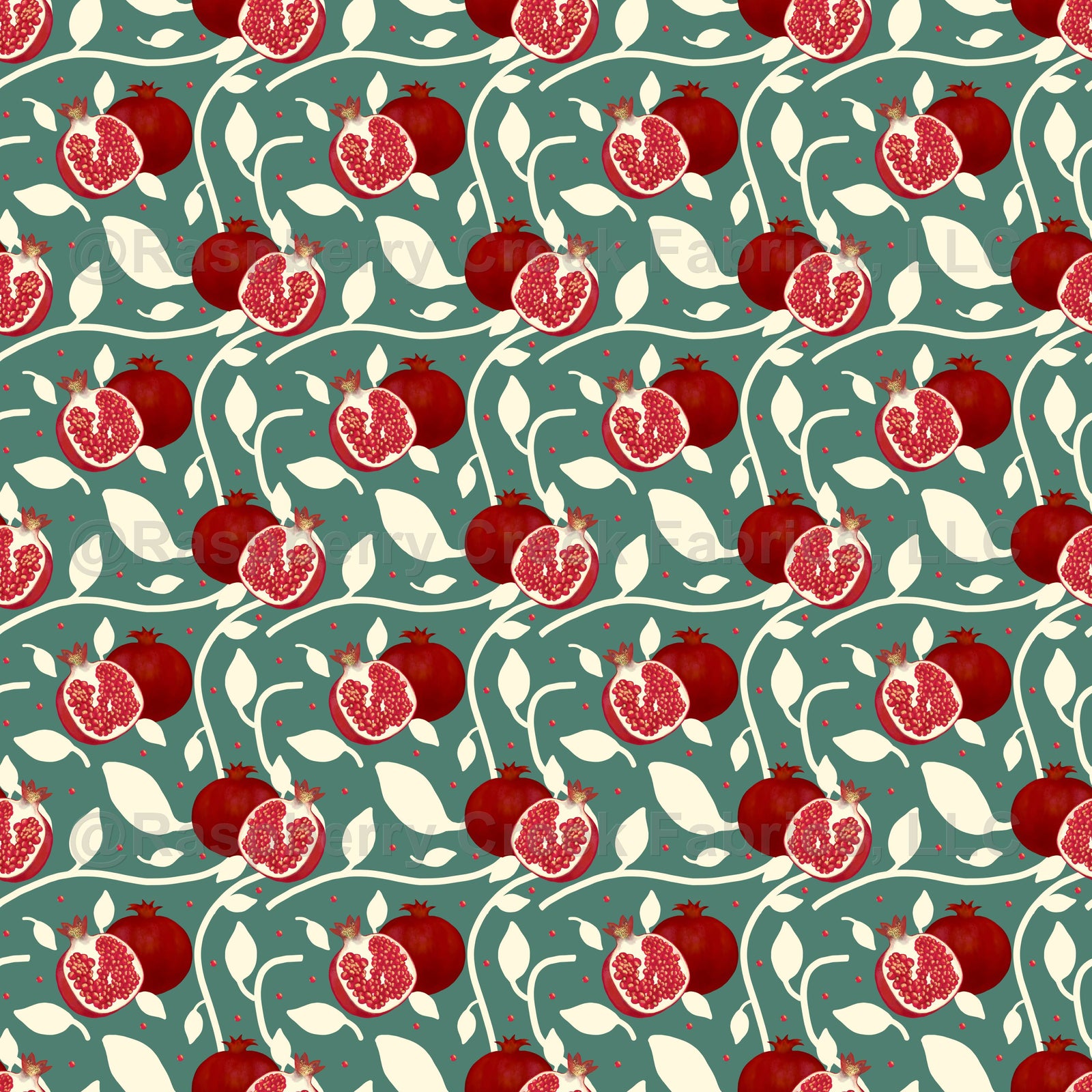 Red Pomegranates and White Botanicals on Sea Green