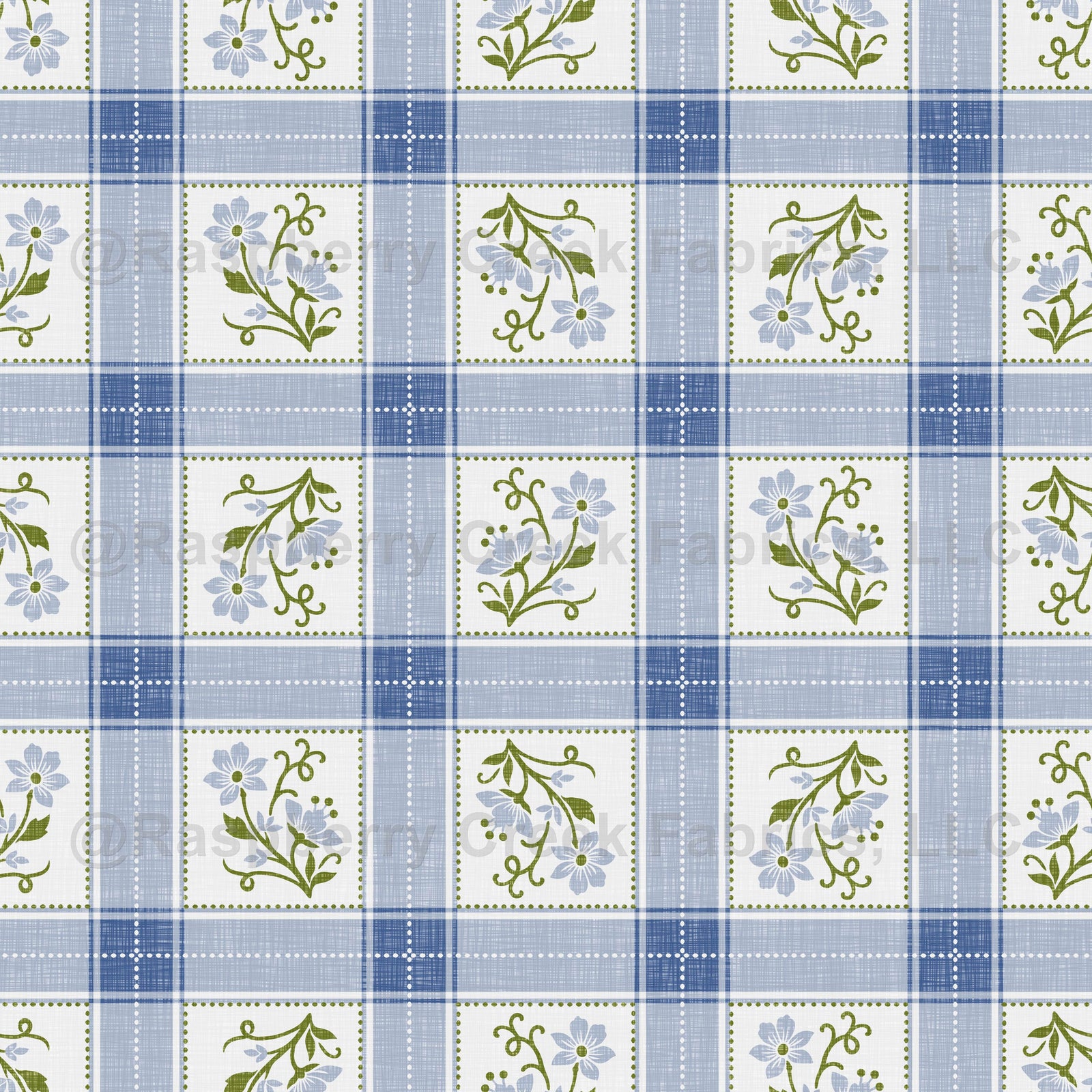 Rustic Cottage Textured Floral Checkered Plaid in Olive Green and Blue