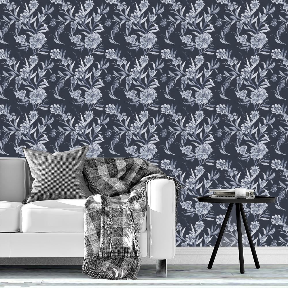 Tree Flowers in Navy Blue by Lisee Ree | climbing floral motif for wallpaper