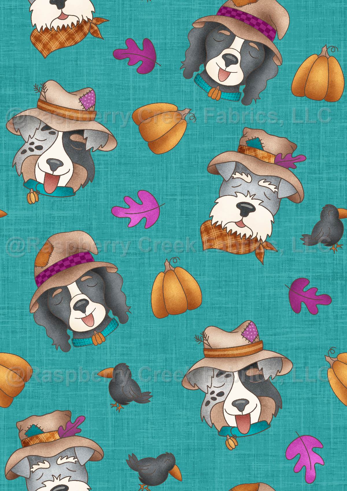 Scarecrow Pups on Teal, Paws & Pumpkins by Krystal Winn Design