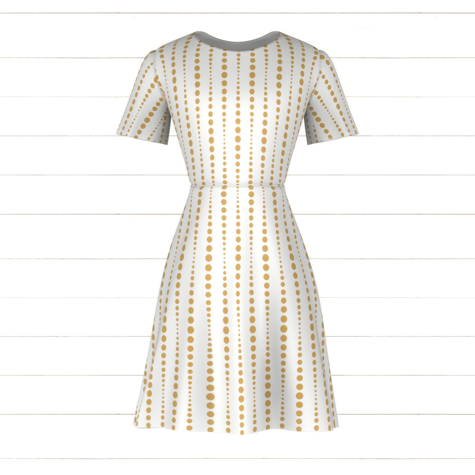 VERTICAL DOTTED STRIPES WITH OP ART EFFECT in warm yello on white. Bold modern Polka Dots as repeating circle motif with varied scale create a bold graphic look. Ideal for apparel, upholstery, gift wrap, interiors, sewing, and surface design projects.