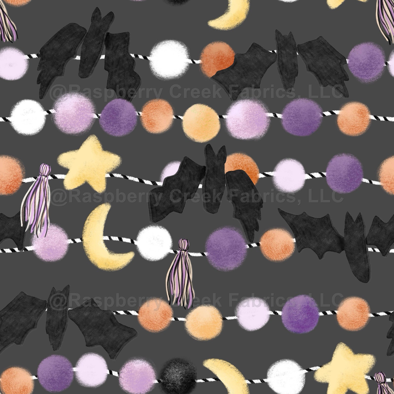 orange, yellow, watercolor, black, bats, pom pom garland, stripe, ditsy, kids, purple, lilac, white, women, girls, stars, moons, fall, Halloween, dark gray, gray, tassels