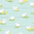 White Chickens and Cute Yellow Chicks Standing in Patches of Green Grass and Yellow Spring Buttercups on a Pastel Yellow Lattice Grid Textured Pastel Teal Background. Image