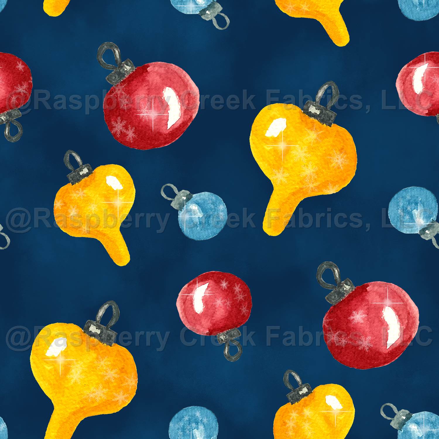 Watercolor winter Christmas ornaments in red, yellow, and blue in a textured dark blue watercolor background.