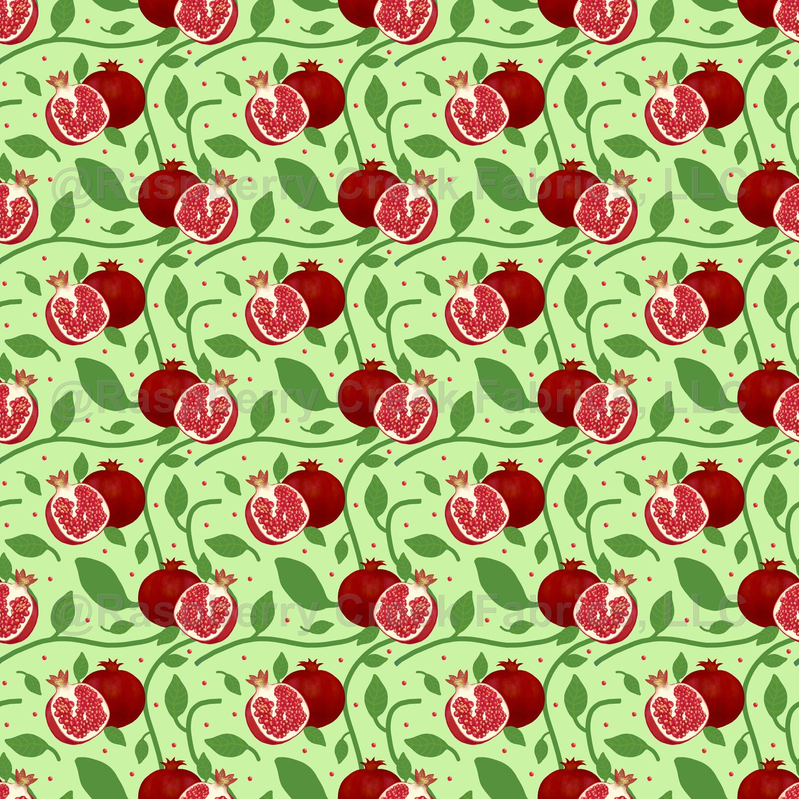 Red Pomegranates and Botanicals on Light Green