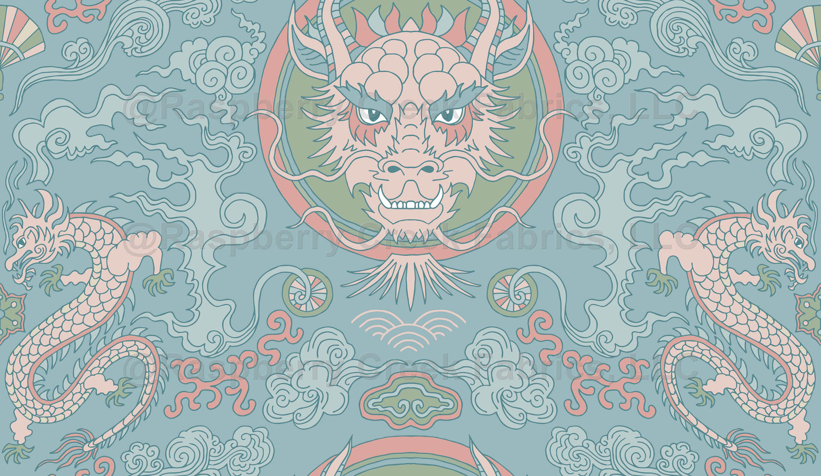 chinese dragon double damask in matte colors on dusty blue