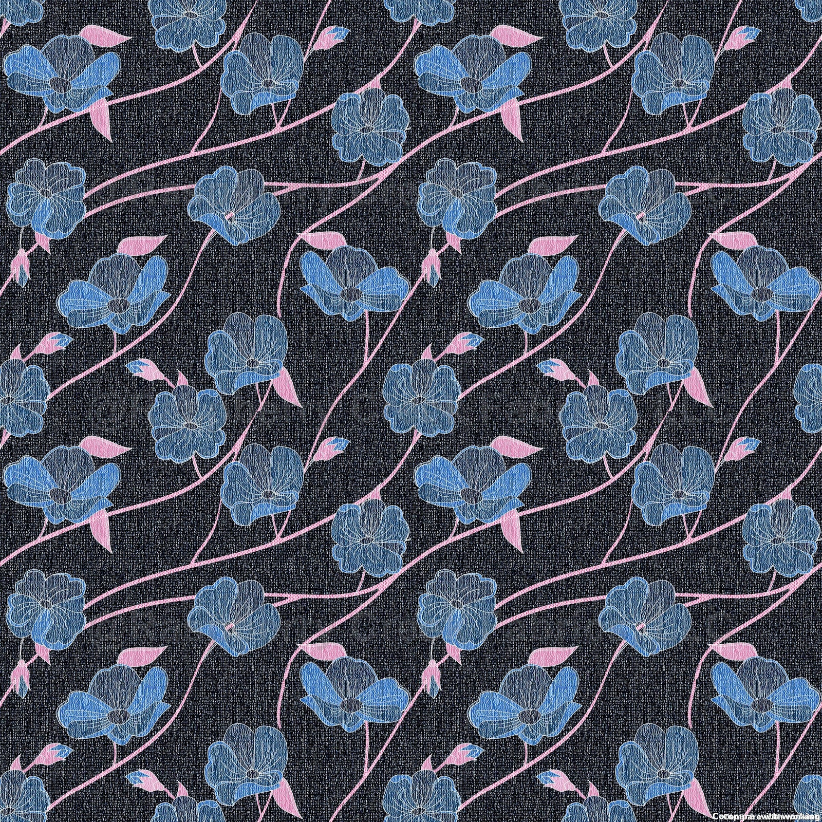 Morning Glory Flowers on Muslin Look Dark Blue Fabric