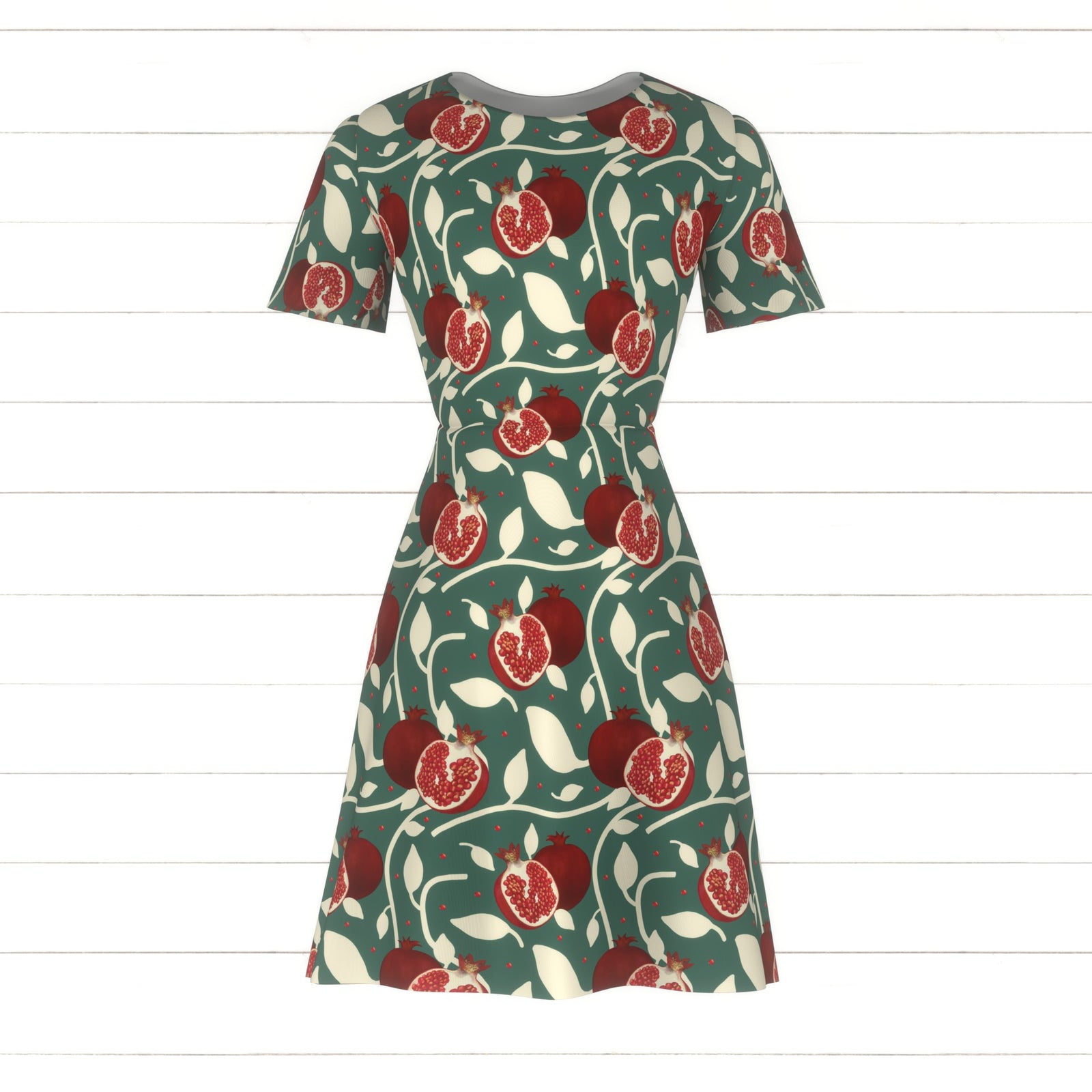 Red Pomegranates and White Botanicals on Sea Green